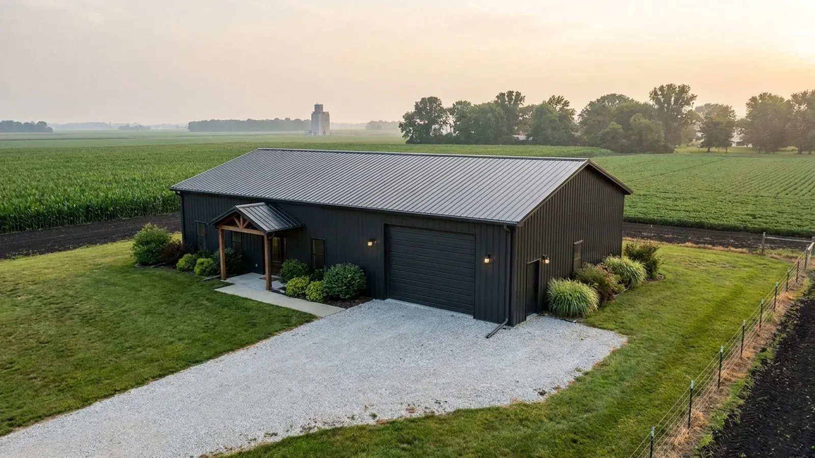A completed 40x60 barndominium showing a residential entry on one end and a wide shop door on the other under one continuous roof.