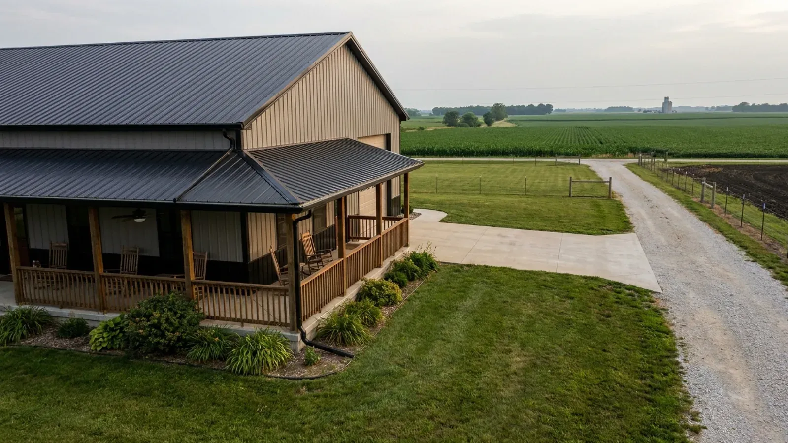 A barndominium exterior showing a deep wrap-around covered porch with posts and railing along two sides of the building.