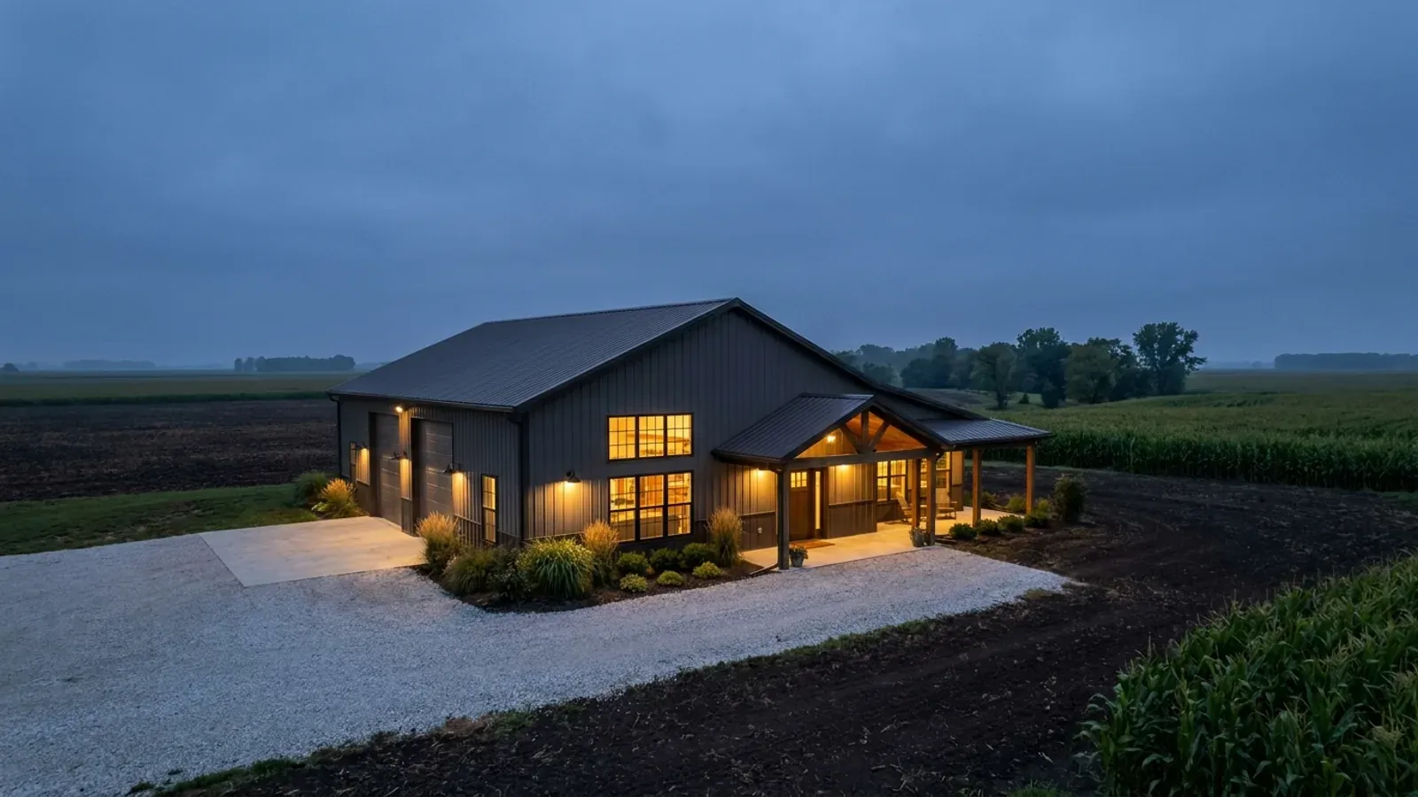 A finished barndominium at dusk with warm interior lighting glowing through its large windows.