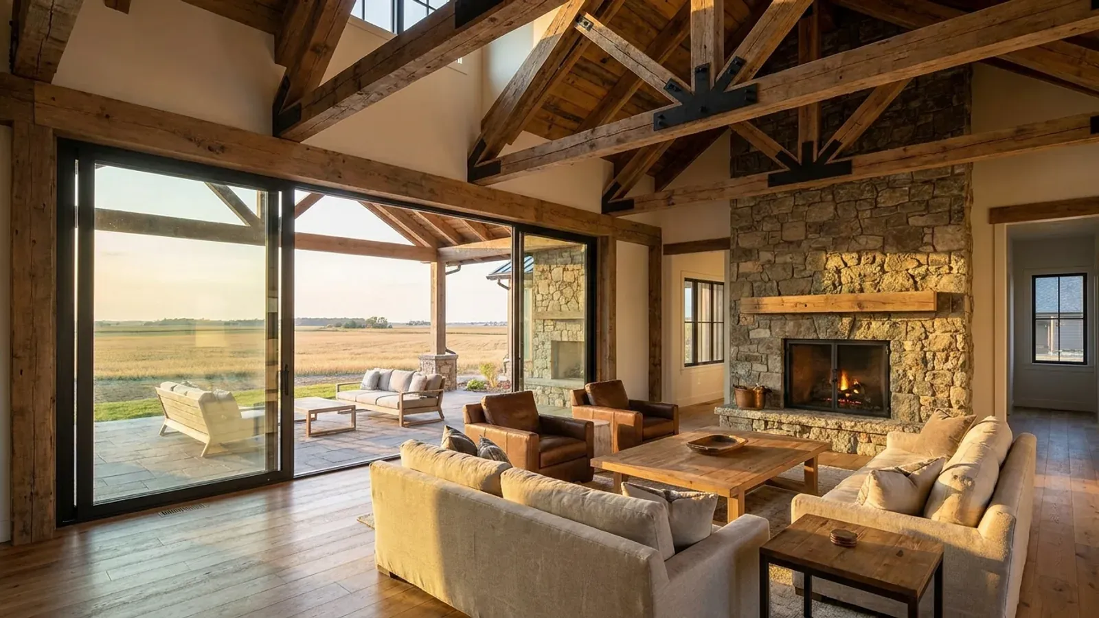 A vaulted barndominium great room with exposed wood trusses, a wall of glazed sliding doors, and a stone-clad fireplace.