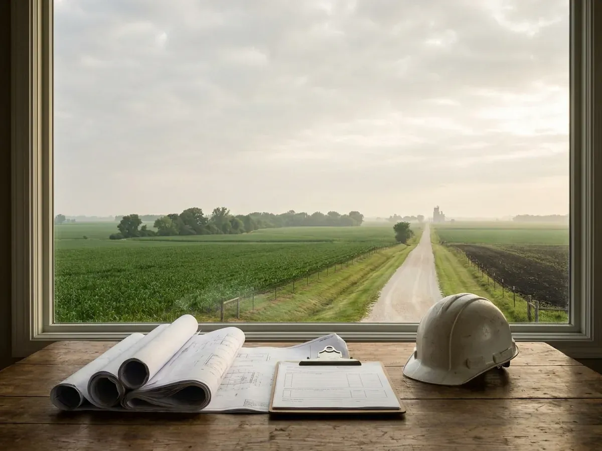 A building permit submittal package on a desk with rolled construction drawings, forms on a clipboard, and a hard hat.