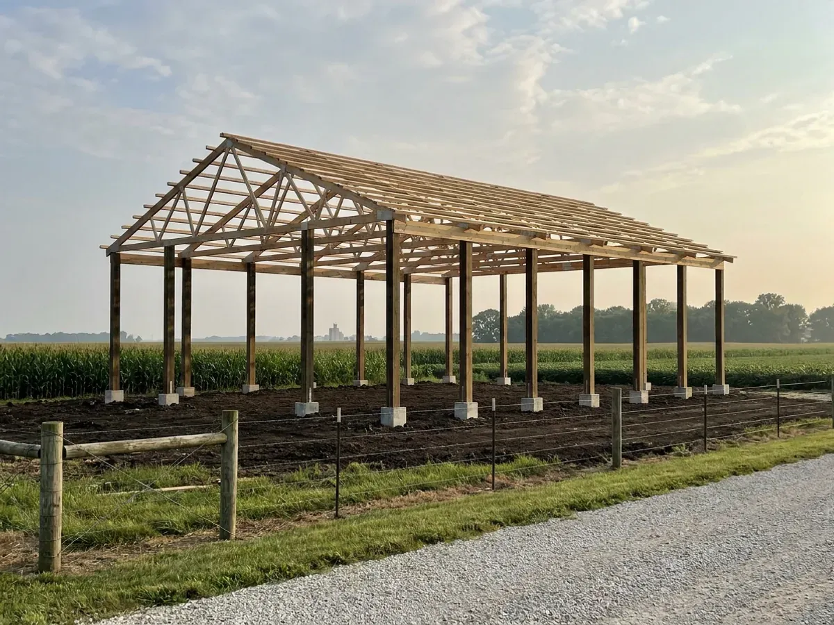 A post-frame home under construction, showing laminated timber columns on concrete piers and wide-span roof trusses with no interior bearing walls.