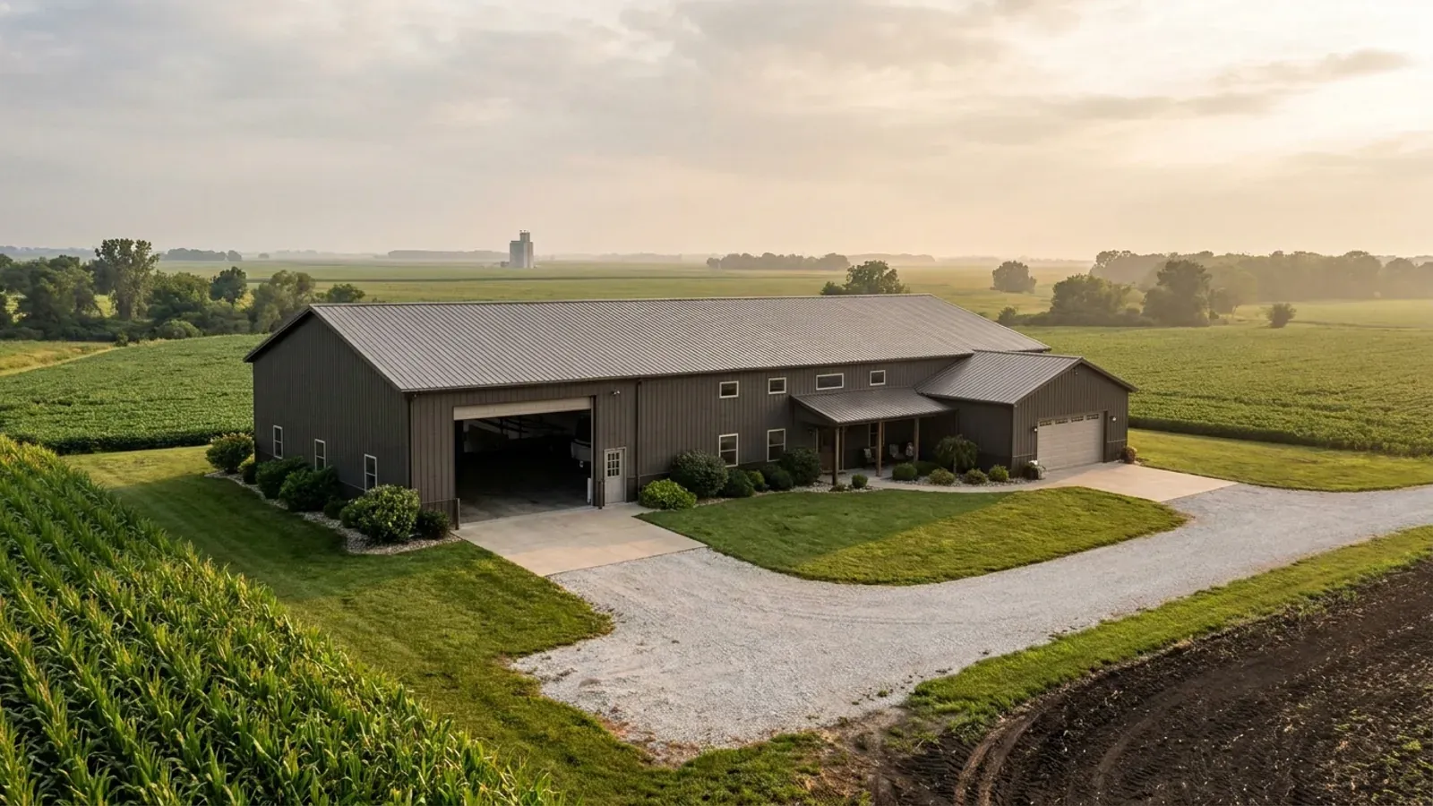 A barndominium with a tall, deep RV garage bay attached to the residence under one continuous roof.