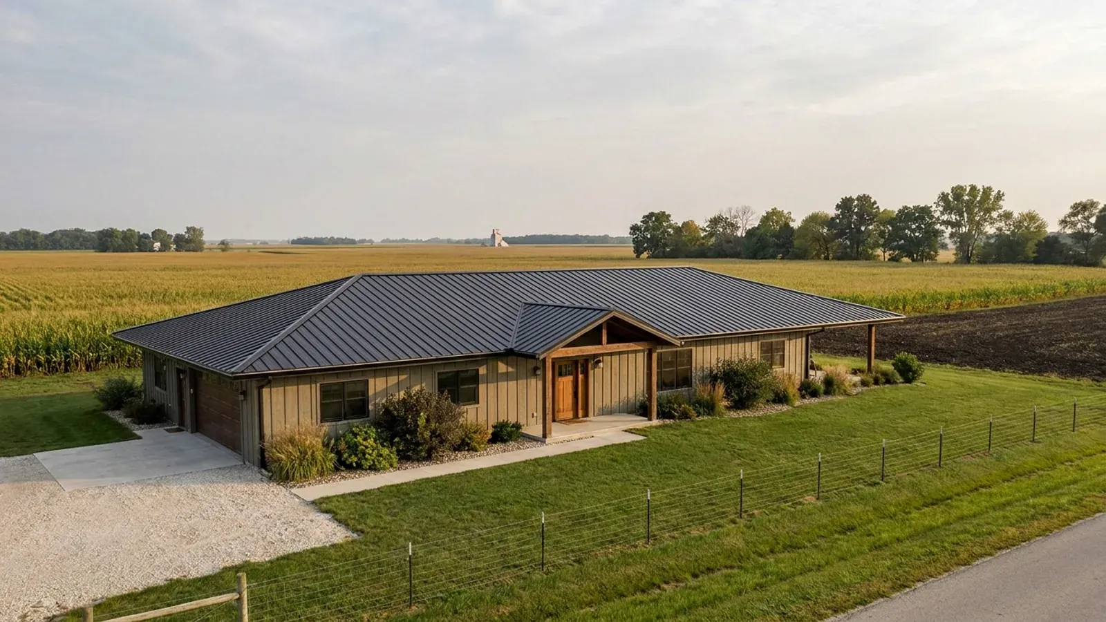 A completed single-story barndominium with a long, low roofline and no upper-level windows.